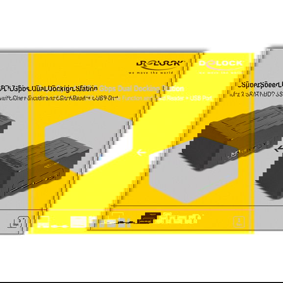 DeLOCK USB 3.2 Estación de Acoplamiento Dual para 2 x SATA HDD/SSD 2.5/3.5" con Función Clonación, Lector de Tarjetas CF/SD y Puerto USB Extra, Color Negro