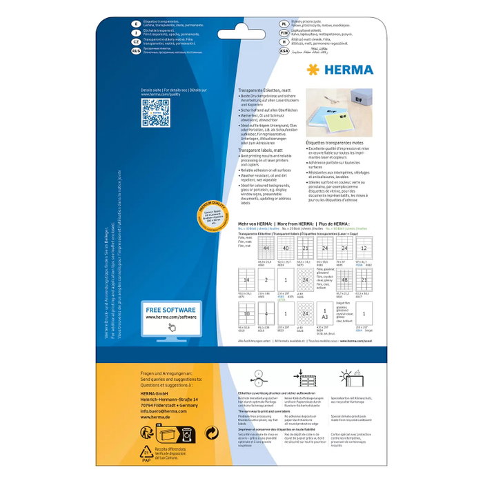 HERMA Etiquetas transparentes mate A4 52,5x29,7 mm 1000 unidades HERMA Etiquetas transparentes mate A4 52,5x29,7 mm 1000 unidades