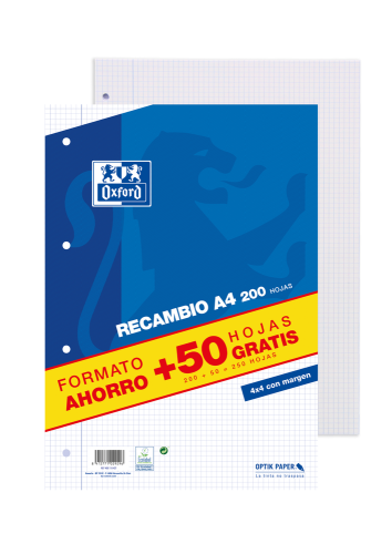 Oxford Recambio A4 250 Hojas 90gr Cuadriculado 4x4 con Margen