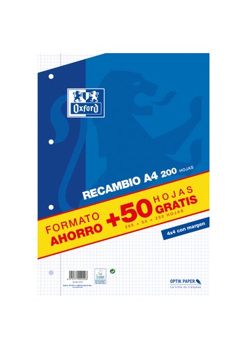 Oxford Recambio A4 250 Hojas 90gr Cuadriculado 4x4 con Margen