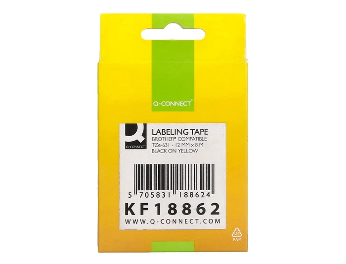 Q-connect Cinta TZE-631 para Rotuladoras Brother, 12 mm Amarillo y Negro, 8 m