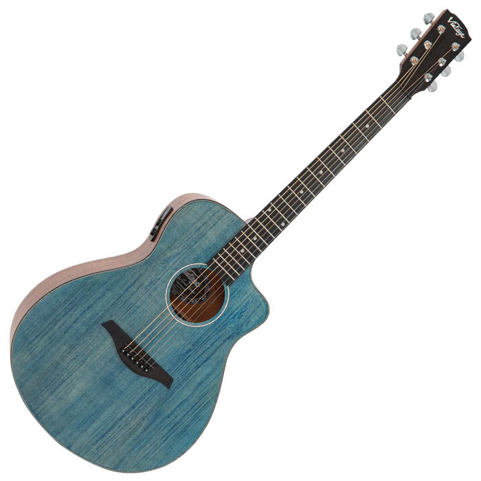 VINTAGE Pacific Coast A/E Guitarra Acústica Eléctrica - Tapa Maciza Abeto, Aros/Fondo Caoba, Denim Blue VINTAGE Pacific Coast A/E Guitarra Acústica Eléctrica - Tapa Maciza Abeto, Aros/Fondo Caoba, Denim Blue