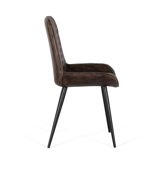 Giner y Colomer Silla Tapizada en Piel Gris Ceniza con Detalle de Costuras en Rombo y Pata en Hierro Negro