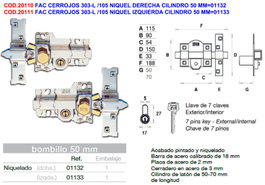 Cerradura 303-L / 115 Níquel Derecha con Cilindro de 50 mm