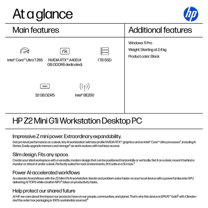 HP Z2 Mini G1i Estación de Trabajo, Intel Core Ultra 7 265, 32 GB RAM DDR5, 1 TB SSD, NVIDIA RTX A400 4 GB, Windows 11 Pro, Mini PC Negro (Garantía 3J)