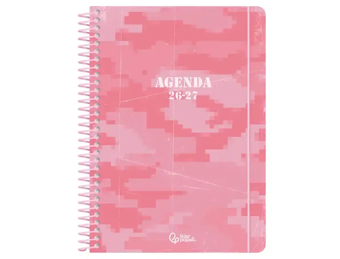 Liderpapel Agenda Escolar 2026-2027 Military Teens Bilingüe Día Página A6+ Rosa con Espiral y Pegatinas, Tapa Cartón Forrado, Papel FSC 80g, Gomilla