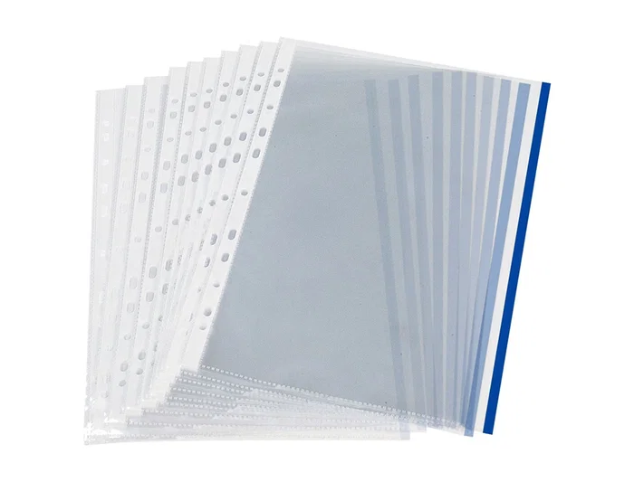 Q-connect Funda Multitaladro Cristal Din A4 70 mc con Borde Azul, Bolsa 10 Unidades Q-connect Funda Multitaladro Cristal Din A4 70 mc con Borde Azul, Bolsa 10 Unidades
