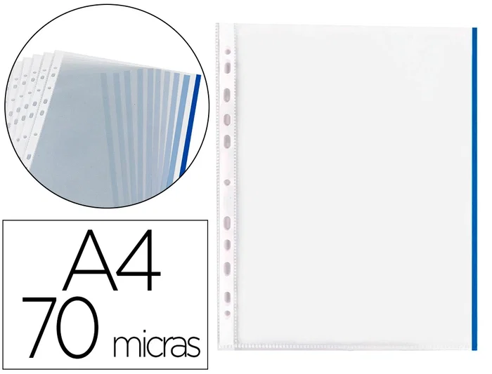 Q-connect Funda Multitaladro Cristal Din A4 70 mc con Borde Azul, Bolsa 10 Unidades Q-connect Funda Multitaladro Cristal Din A4 70 mc con Borde Azul, Bolsa 10 Unidades