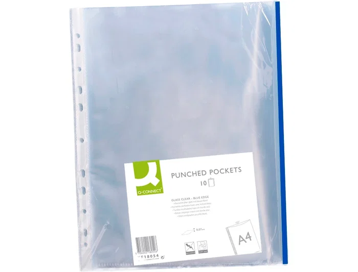 Q-connect Funda Multitaladro Cristal Din A4 70 mc con Borde Azul, Bolsa 10 Unidades Q-connect Funda Multitaladro Cristal Din A4 70 mc con Borde Azul, Bolsa 10 Unidades