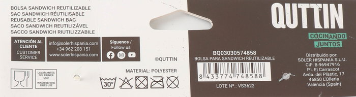 Quttin Bolsa Para Sandwich Reutilizable 18x18x2 cm (24 Unidades)