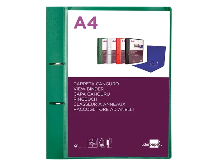 Liderpapel Carpeta Canguro 2 Anillas 40 mm Polipropileno DIN A4 Verde Translúcido