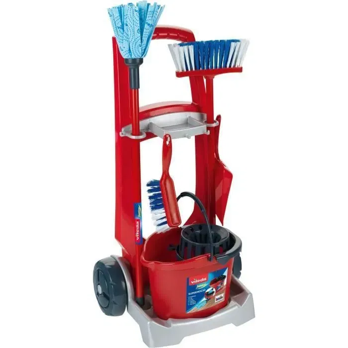 Klein Carro de Limpieza Vileda para el Hogar con Accesorios: Trapeador, Escoba, Recogedor, Cepillo y Balde con Escurridor, para Niños a Partir de 3 Años