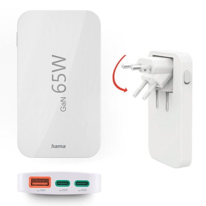 Hama Cargador Mini 65W 2x USB-C + 1x USB-A Blanco Plegable