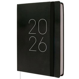 Finocam Agenda Flexi Lisa FA5, Tapa Blanda Suave Negro 2026, Formato A5 148x210 mm, 1 Día por Página, con Goma y Cinta Punto
