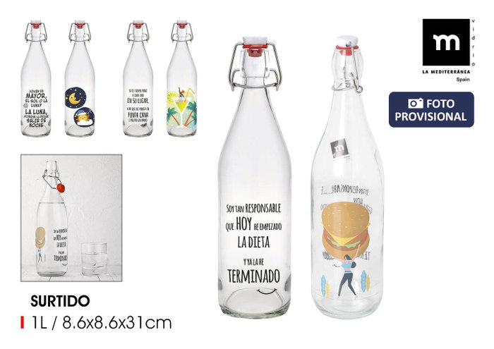 Inde Botella Vidrio 1L con Tapón Hermético, Diseño Chistes "Mecano" (6 Unidades) Inde Botella Vidrio 1L con Tapón Hermético, Diseño Chistes "Mecano" (6 Unidades)