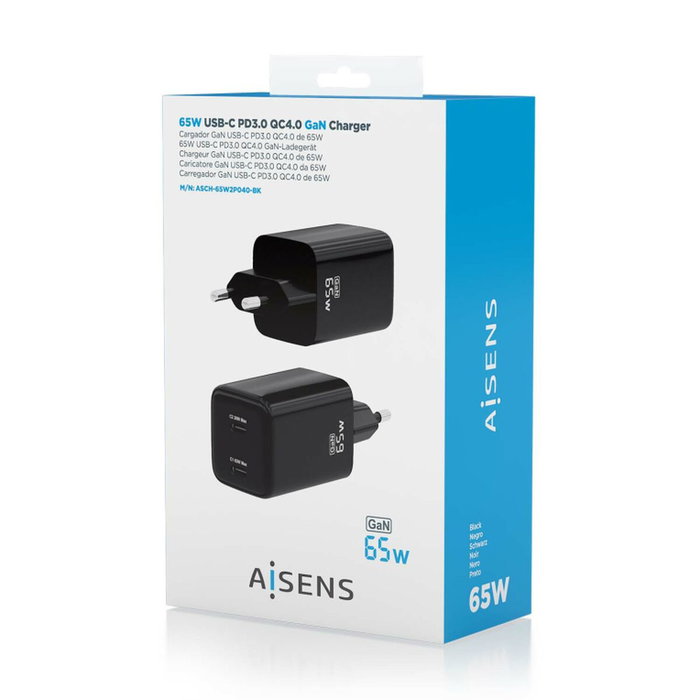 Aisens Cargador GaN 65W con 2x USB-C PD3.0 y QC4.0, Negro