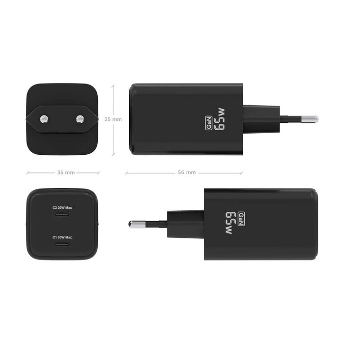 Aisens Cargador GaN 65W con 2x USB-C PD3.0 y QC4.0, Negro