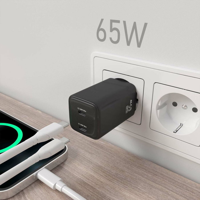Aisens Cargador GaN 65W con 2x USB-C PD3.0 y QC4.0, Negro