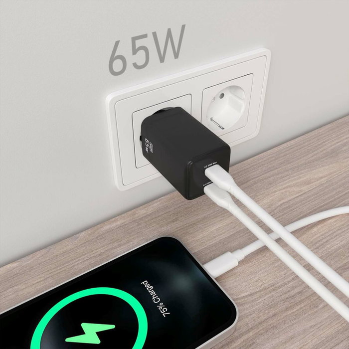 Aisens Cargador GaN 65W con 2x USB-C PD3.0 y QC4.0, Negro