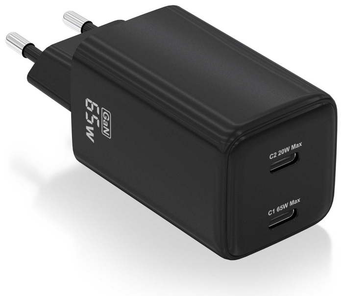 Aisens Cargador GaN 65W con 2x USB-C PD3.0 y QC4.0, Negro