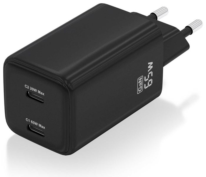 Aisens Cargador GaN 65W con 2x USB-C PD3.0 y QC4.0, Negro