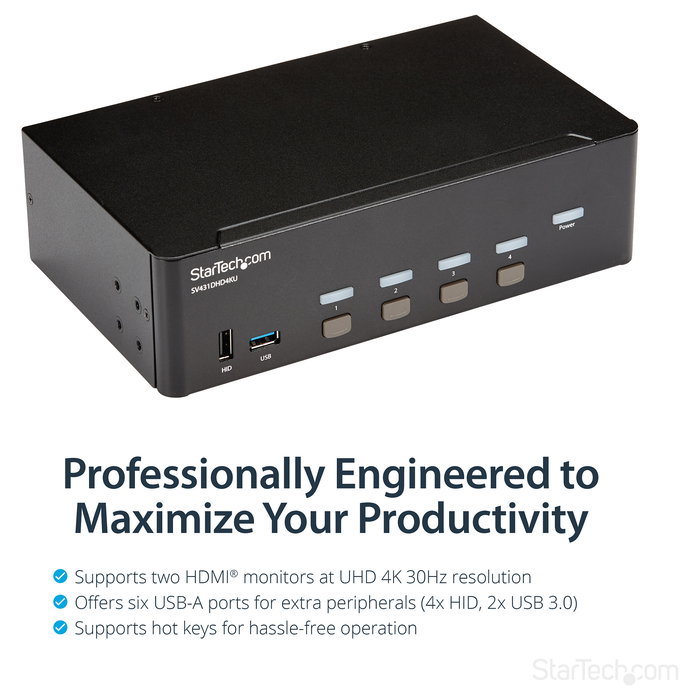 StarTech Switch Conmutador KVM 4 Puertos HDMI 4K 30Hz, KVM Extender HDMI, Montaje en Rack, 3840 x 2160 Pixeles, 4K Ultra HD