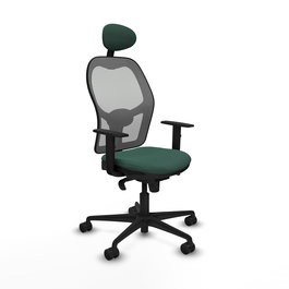 Silla de oficina Jorquera con mecanismo Sincro tapizada con Tela color Verde botella y malla color Gris. Equipada con lumbar 1D, Brazos 1D, Cabecero Fijo y Ruedas 65mm nailon