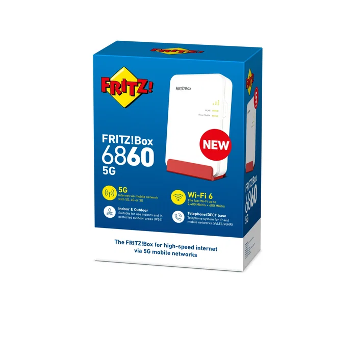 FRITZ! Router Móvil 5G WiFi 6 FRITZ!Box 6860 5G Edition International - Gigabit, VoIP, Base DECT, Domótica, IP55, PoE+ (hasta 1.3 Gbps 5G y 3 Gbps WiFi) FRITZ! Router Móvil 5G WiFi 6 FRITZ!Box 6860 5G Edition International - Gigabit, VoIP, Base DECT, Domótica, IP55, PoE+ (hasta 1.3 Gbps 5G y 3 Gbps WiFi)