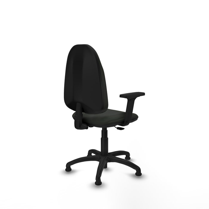 Silla de oficina Algarra con mecanismo Contacto permanente básico tapizada con Tela color Negro. Equipada con Base poliamida negra, Brazos 2Dy Topes