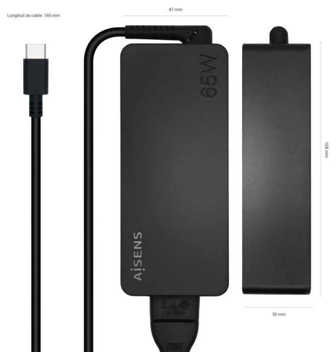 Aisens Cargador 65W PD3.0 con USB-C y Cable 1.8m Negro Aisens Cargador 65W PD3.0 con USB-C y Cable 1.8m Negro