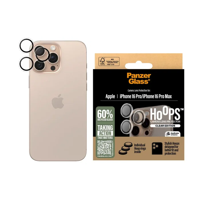 PanzerGlass Hoops® Camera Lens Protector iPhone 16 Pro | 16 Pro Max - Vidrio Templado Transparente Resistente a Golpes, Bordes Redondeados, 1 Pieza
