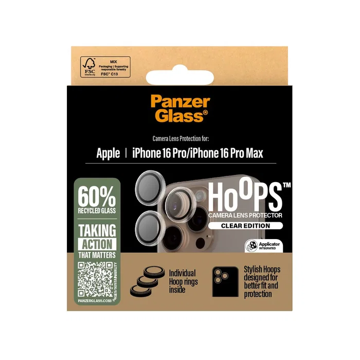 PanzerGlass Hoops® Camera Lens Protector iPhone 16 Pro | 16 Pro Max - Vidrio Templado Transparente Resistente a Golpes, Bordes Redondeados, 1 Pieza