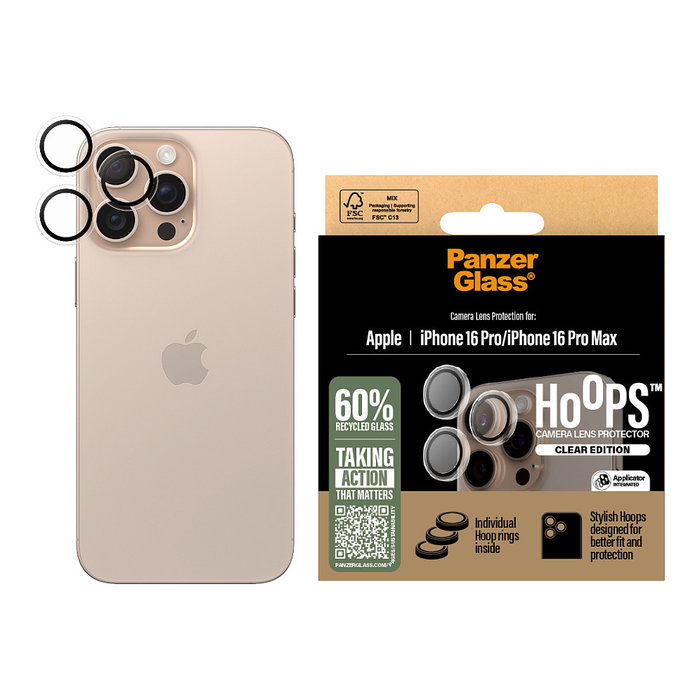 PanzerGlass Protector de Cristal Templado Hoops para Cámara de iPhone 16 Pro / 16 Pro Max, Transparente, Resistente a Golpes y Rayones, Incluye Kit de Limpieza, 1 Unidad