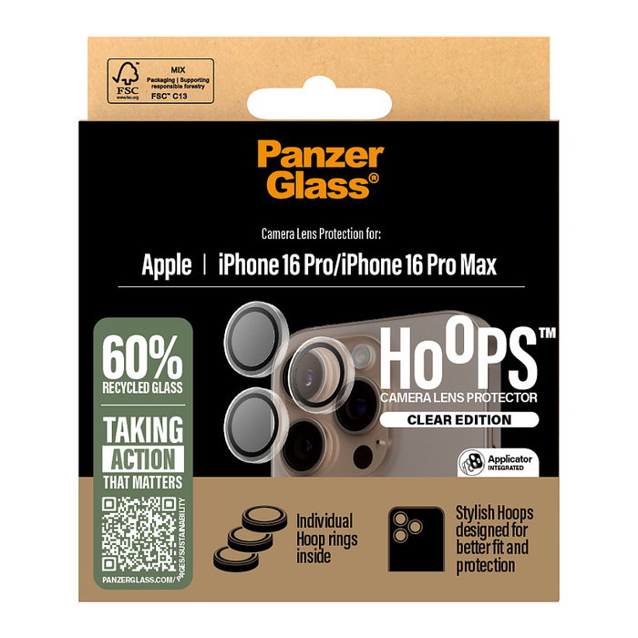 PanzerGlass Protector de Cristal Templado Hoops para Cámara de iPhone 16 Pro / 16 Pro Max, Transparente, Resistente a Golpes y Rayones, Incluye Kit de Limpieza, 1 Unidad