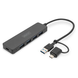DIGITUS Hub USB 3.0 de 4 Puertos Slim con Adaptador USB-C y Cable de 0,2m