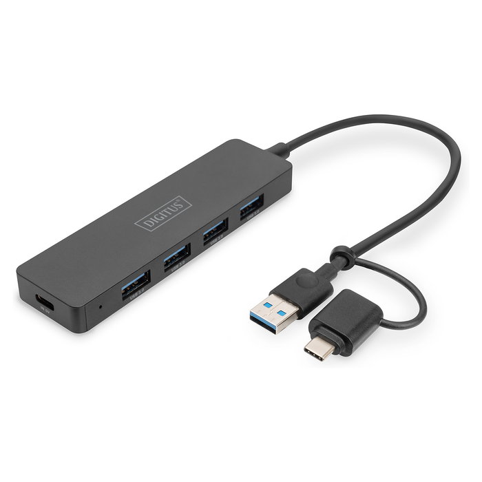 DIGITUS Hub USB 3.0 de 4 Puertos Slim con Adaptador USB-C y Cable de 0,2m DIGITUS Hub USB 3.0 de 4 Puertos Slim con Adaptador USB-C y Cable de 0,2m