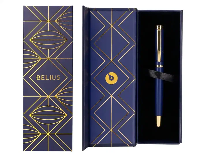 Belius Soirée Pluma Aluminio Azul Marino y Dorado Tinta Azul Caja Diseño Art Deco