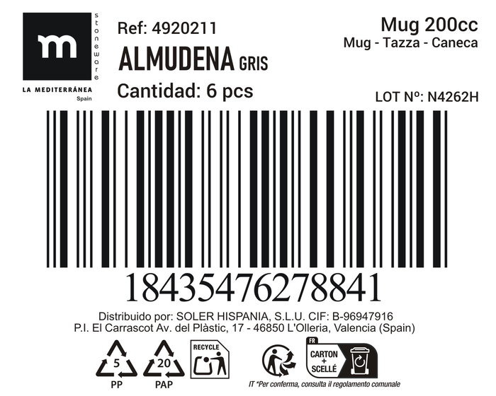 La Mediterranea Mug 200 cc Gris "Almudena" Md (36 Unidades)