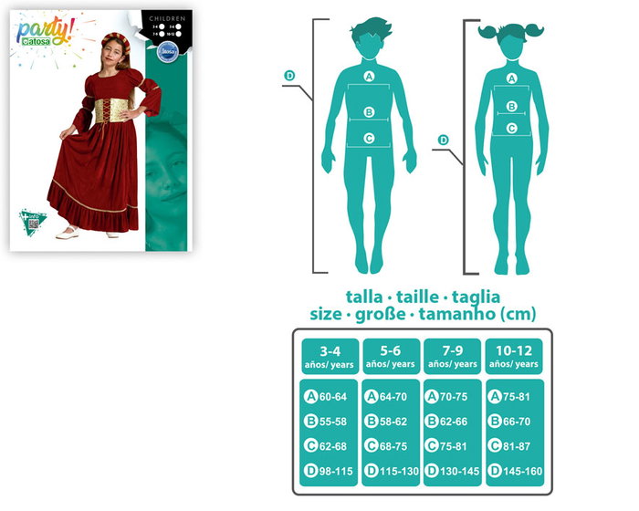 Disfraz Reina Medieval Rojo Niña 3-4 Años Vestido y Diadema Disfraz Reina Medieval Rojo Niña 3-4 Años Vestido y Diadema