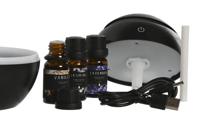 DKD Home Decor Set de 4 Difusores de Aroma con Humidificador USB y Aceites, Negro