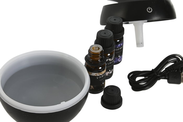 DKD Home Decor Set de 4 Difusores de Aroma con Humidificador USB y Aceites, Negro