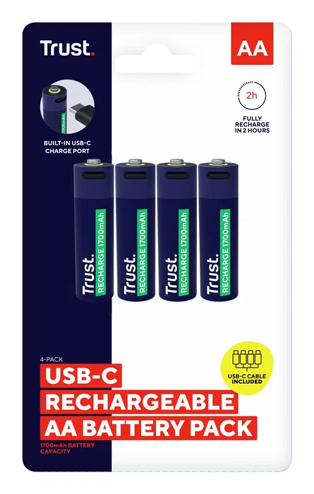 Trust Pack de 4 Pilas AA Recargables 25631 - 1700 mAh con Carga por USB-C (Hasta 800 ciclos, Blister)