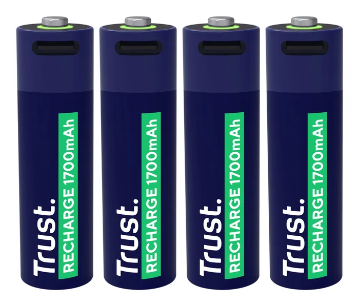 Trust Pack de 4 Pilas AA Recargables 25631 - 1700 mAh con Carga por USB-C (Hasta 800 ciclos, Blister)