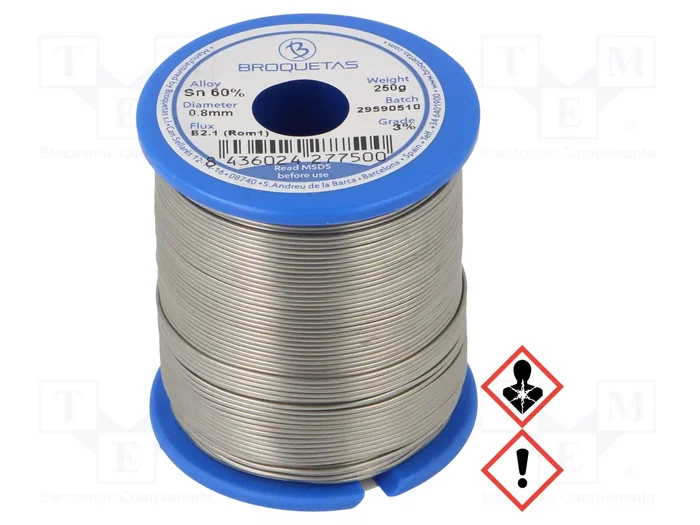 BROQUETAS Estaño plúmbico Sn60Pb40 0,8 mm 250 g BROQUETAS Estaño plúmbico Sn60Pb40 0,8 mm 250 g