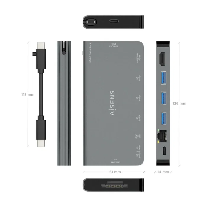 Aisens USB-C Dock 8 en 1 ASUC-8P015-GR Gris