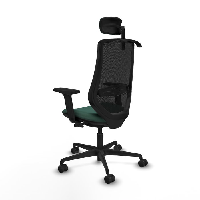 Silla de oficina Mardos con mecanismo Sincro/Traslack tapizada con Tela color Verde botella y malla color Negro. Equipada con lumbar 1D, Brazos 2D, Cabecero 2D y Ruedas 65mm nailon