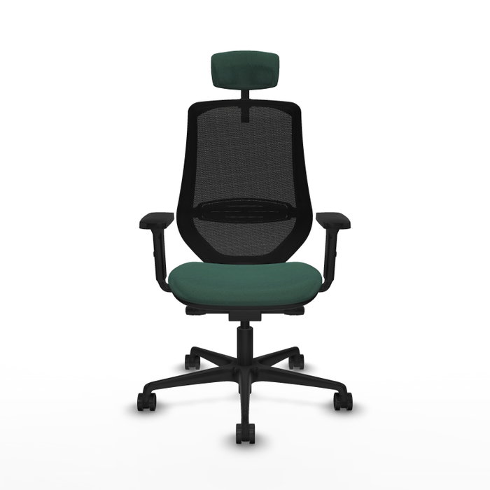 Silla de oficina Mardos con mecanismo Sincro/Traslack tapizada con Tela color Verde botella y malla color Negro. Equipada con lumbar 1D, Brazos 2D, Cabecero 2D y Ruedas 65mm nailon
