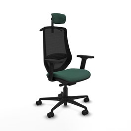 Silla de oficina Mardos con mecanismo Sincro/Traslack tapizada con Tela color Verde botella y malla color Negro. Equipada con lumbar 1D, Brazos 2D, Cabecero 2D y Ruedas 65mm nailon