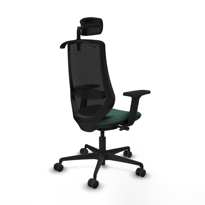 Silla de oficina Mardos con mecanismo Sincro/Traslack tapizada con Tela color Verde botella y malla color Negro. Equipada con lumbar 1D, Brazos 2D, Cabecero 2D y Ruedas 65mm nailon