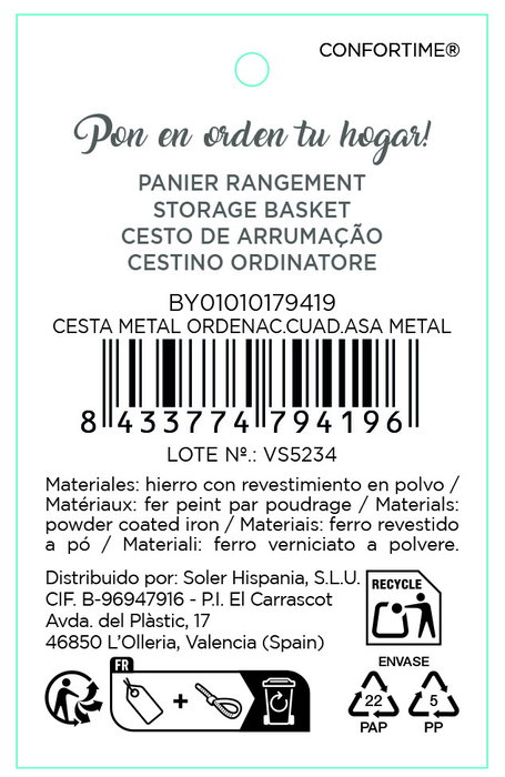 Inde Cesta de Metal Organizador Cuadrada con Asa de Metal, 26.5 x 24.9 x 18.1 cm (6 Unidades)